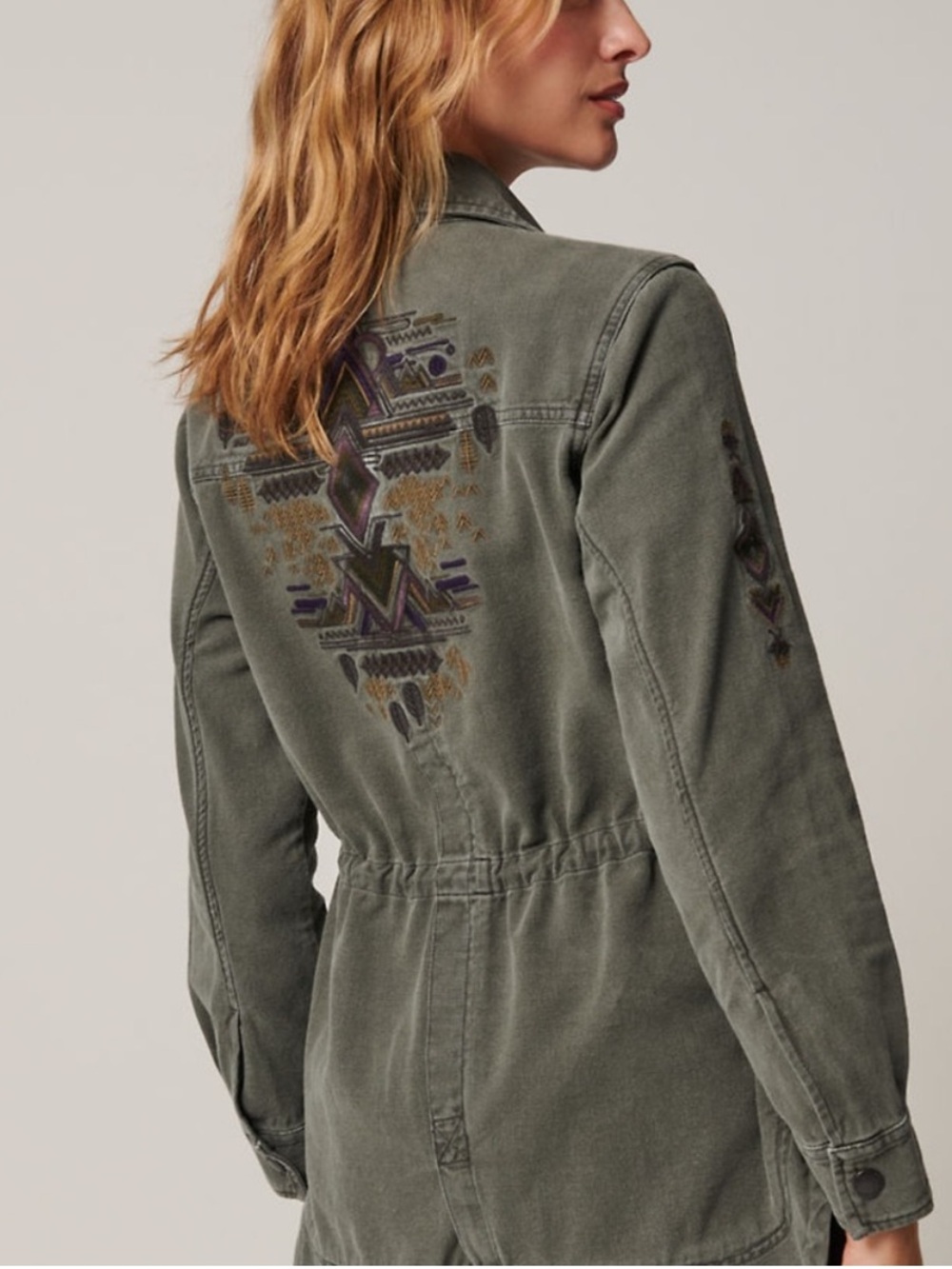Overland Falcon Embroidered Utility Jacket Distressed Slate Small 100% Cotton